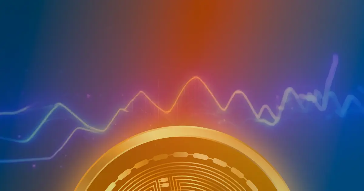 Gráfico ascendente do preço do Bitcoin com linhas de neon azul e roxo sobre fundo escuro, representando a valorização das criptomoedas.