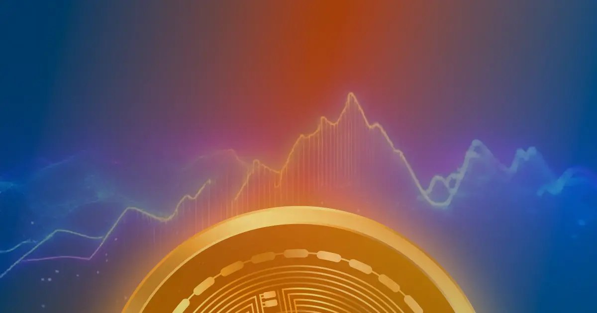 Gráfico ascendente brilhante de Bitcoin em tons de azul e roxo, representando uma forte valorização da criptomoeda.