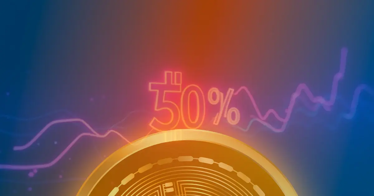 Gráfico ascendente de 50% em linhas de néon azul e roxo, representando a valorização do Bitcoin em um conceito abstrato de criptomoeda.