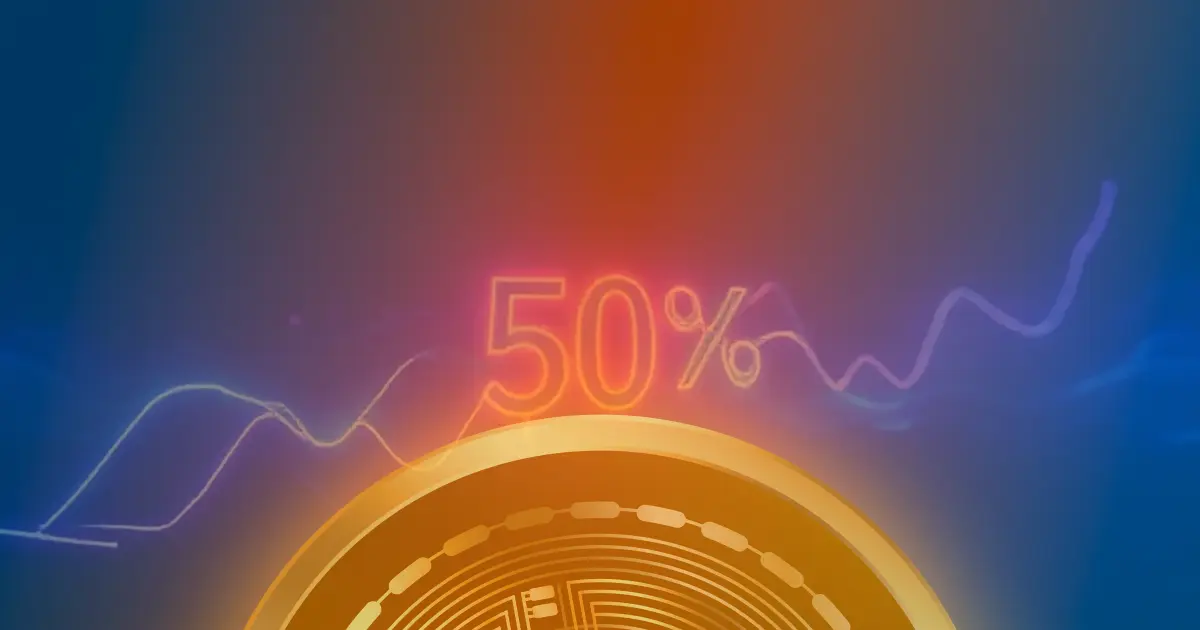 Gráfico ascendente de 50% em linhas de néon sobre fundo escuro, representando a valorização do Bitcoin e o conceito de criptomoedas.