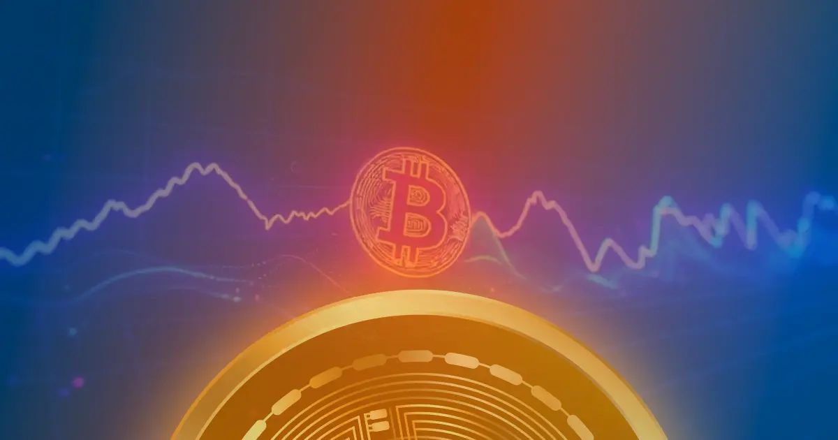 Gráfico abstrato e futurista com linhas neon azuis e roxas representando a alta do preço do Bitcoin e dados de criptomoedas.