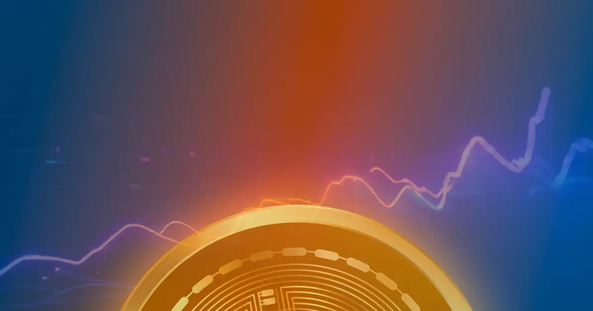 Gráfico ascendente do preço do Bitcoin com visualização de dados futurista em fundo escuro.