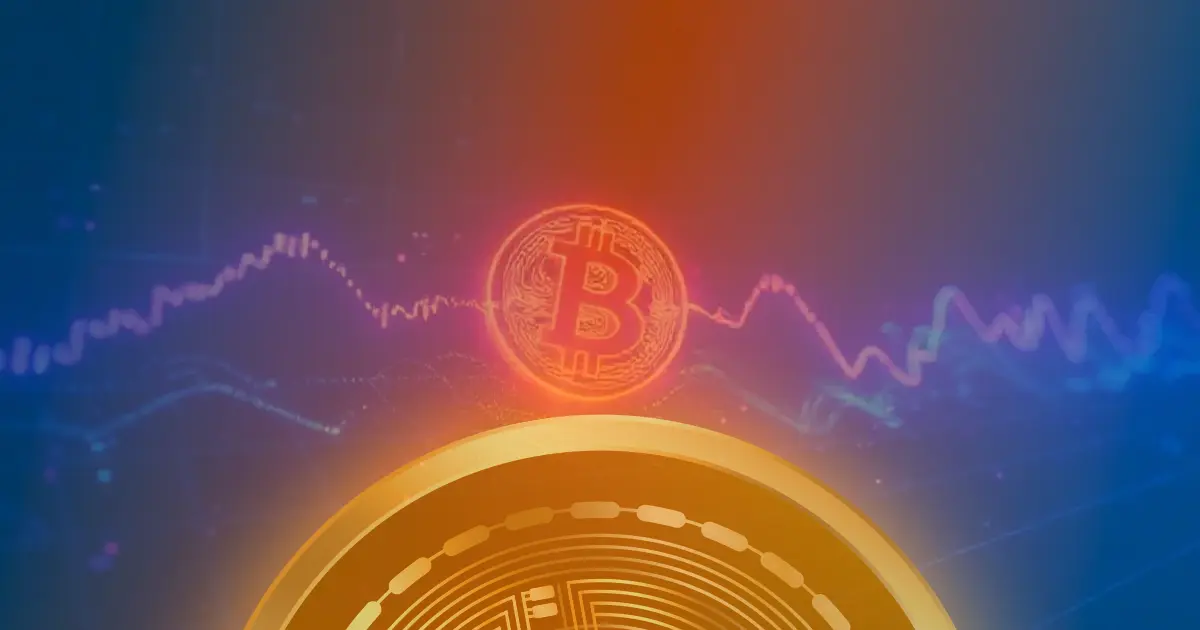 Gráfico abstrato com linhas neon e dados em ascensão, representando a valorização do Bitcoin e o conceito de criptomoeda em um fundo escuro futurista.