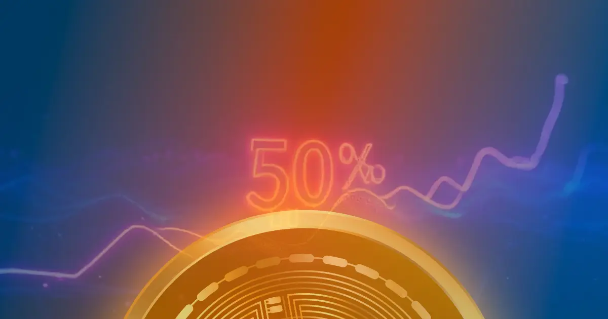 Gráfico ascendente de 50% em linhas de néon sobre fundo escuro, representando a valorização do Bitcoin e o conceito de criptomoeda.