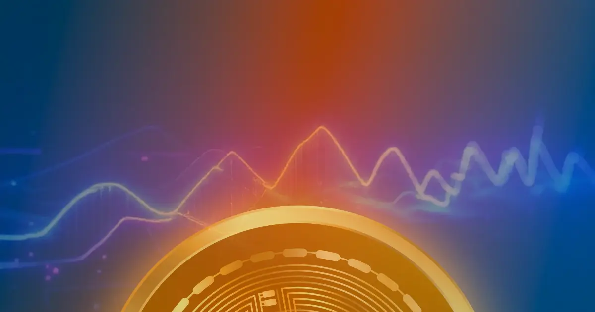 Gráfico ascendente do Bitcoin em linhas de néon azul e roxo sobre fundo escuro, representando o ciclo de valorização da criptomoeda.