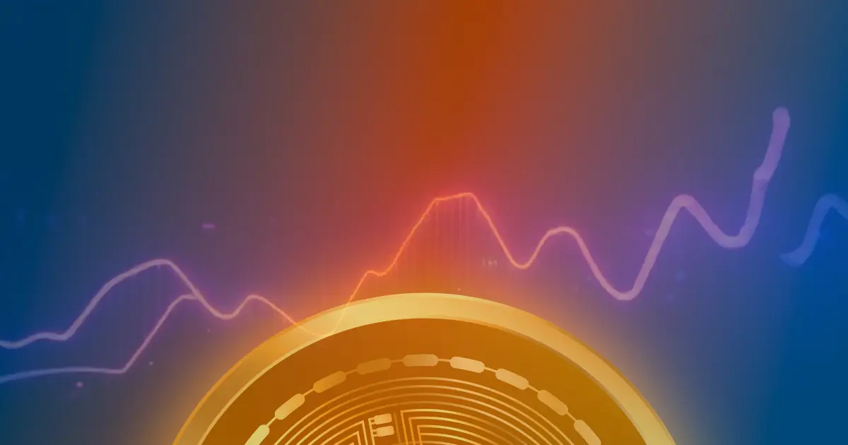 Gráfico ascendente de criptomoedas com linhas de néon azul e roxo sobre fundo escuro, representando o crescimento do mercado.