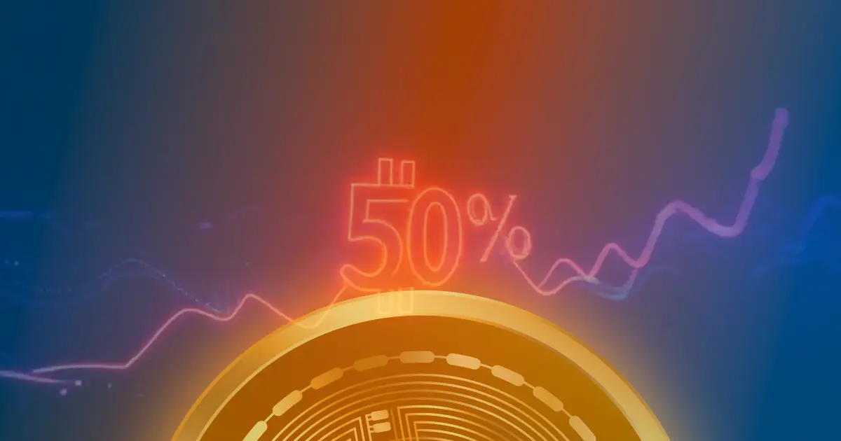 Gráfico ascendente de 50% do Bitcoin com linhas de dados neon azuis e roxas sobre fundo escuro.