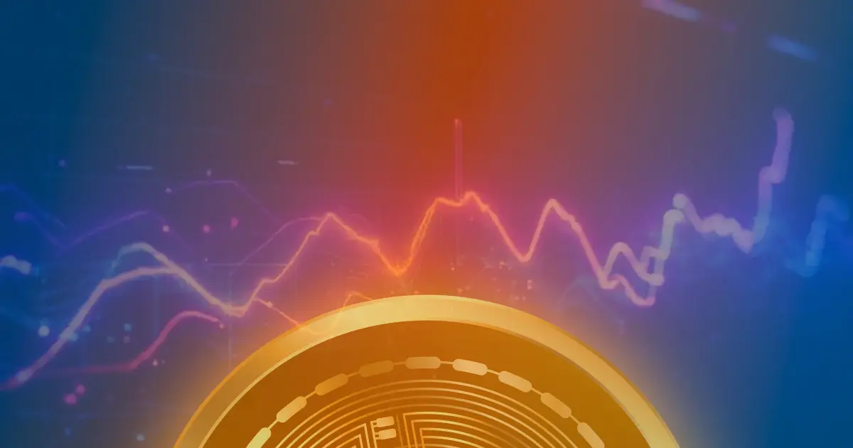 Gráfico de criptomoedas com linhas de neon ascendentes em azul e roxo, ilustrando a volatilidade do mercado e o tema do artigo sobre o preço do Ethereum.