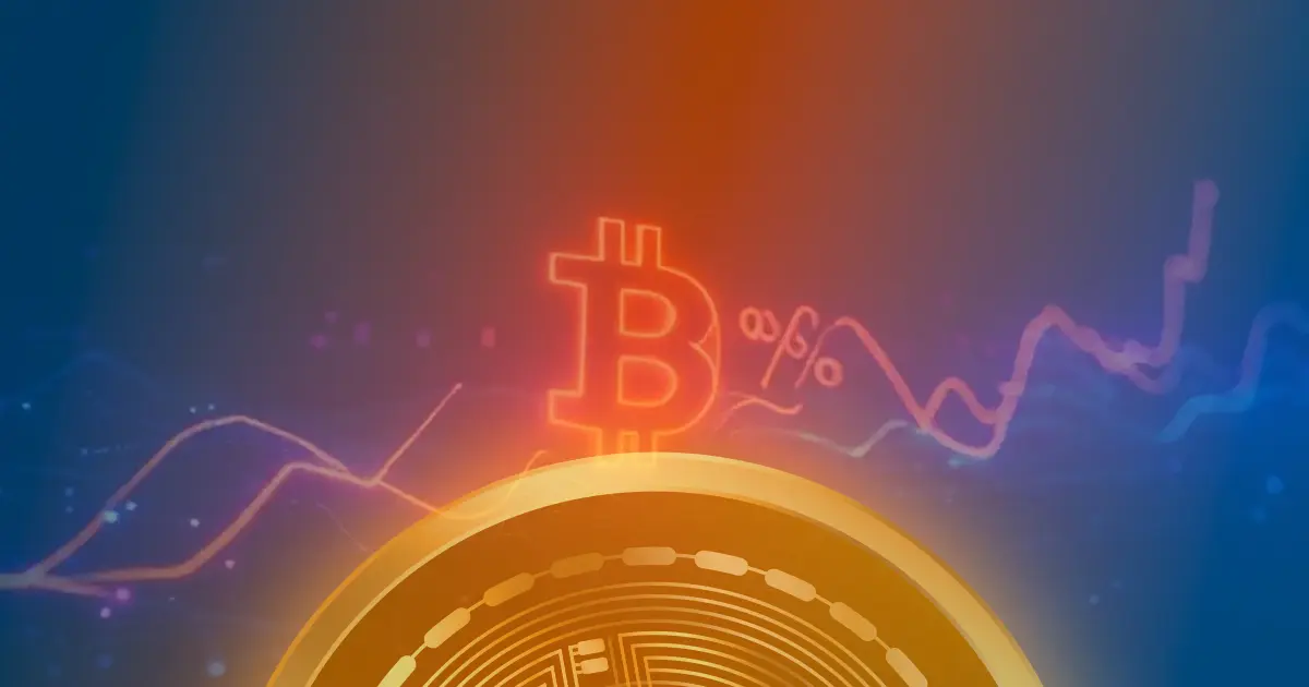 Gráfico ascendente e abstrato do preço do Bitcoin com linhas de néon azul e roxo sobre fundo escuro.