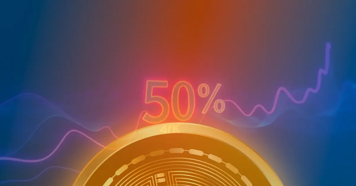 Gráfico ascendente de criptomoeda com linhas neon azul e roxo, ilustrando alta de 50% em fundo escuro.