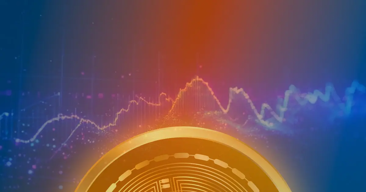 Gráfico abstrato ascendente representando a valorização do Bitcoin, com partículas digitais e tons vibrantes de azul e roxo.