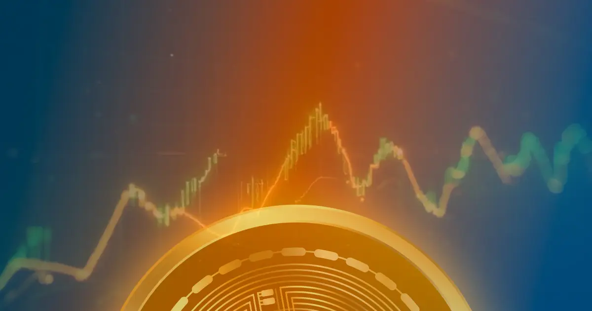 Gráfico abstrato com linhas neon verdes e douradas subindo, representando a valorização do Bitcoin e o mercado de criptomoedas.