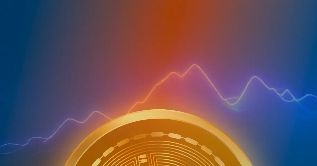 Gráfico ascendente de criptomoedas com linhas de néon azul e roxo sobre fundo escuro, representando a valorização do Bitcoin.