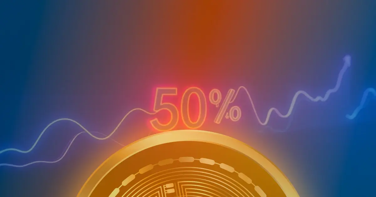 Gráfico ascendente de 50% em linhas de néon azul e roxo, representando a valorização do preço do Bitcoin em um conceito de criptomoeda.