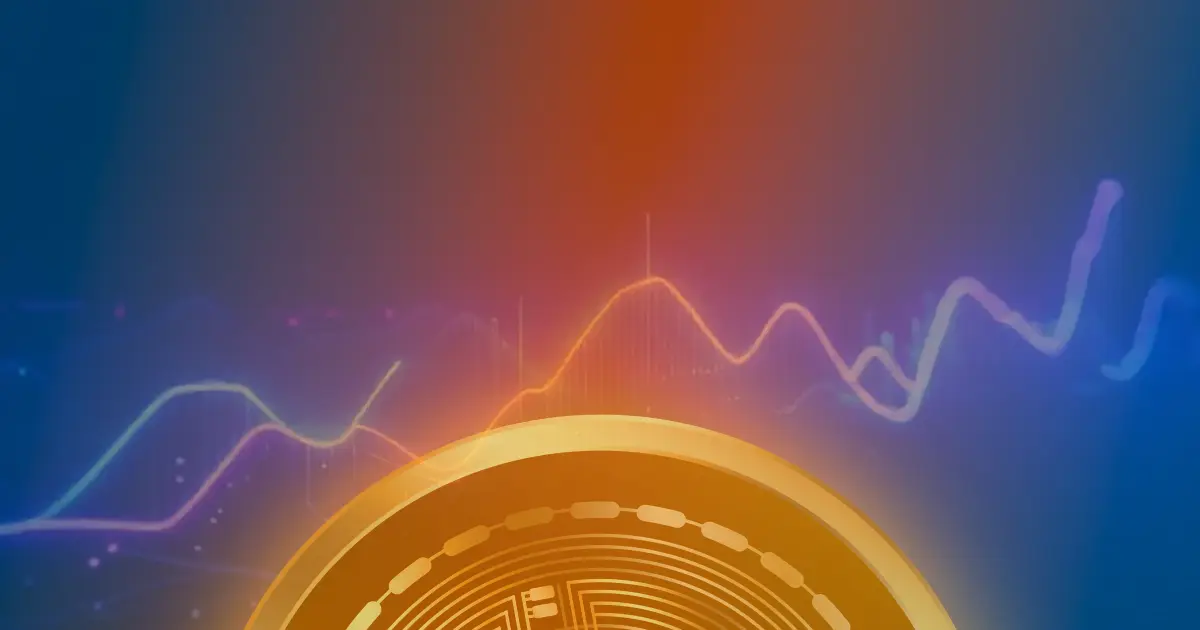 Gráfico ascendente do Bitcoin com linhas de neon sobre fundo escuro, representando a alta da criptomoeda.