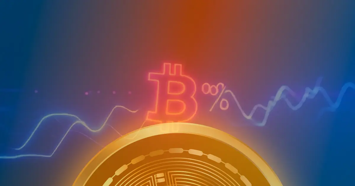 Gráfico ascendente brilhante em azul e roxo representando uma alta de 50% no preço do Bitcoin, em um fundo escuro futurista.