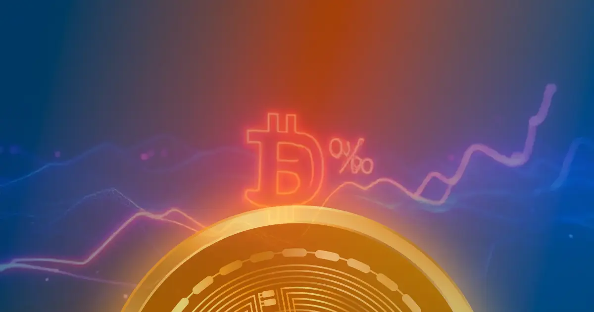 Gráfico ascendente de 50% em linhas de néon sobre fundo escuro, representando a valorização do Bitcoin e o conceito de criptomoeda.