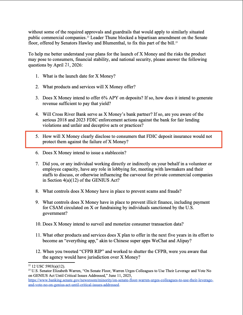 Perguntas da senadora Elizabeth Warren sobre o X Money